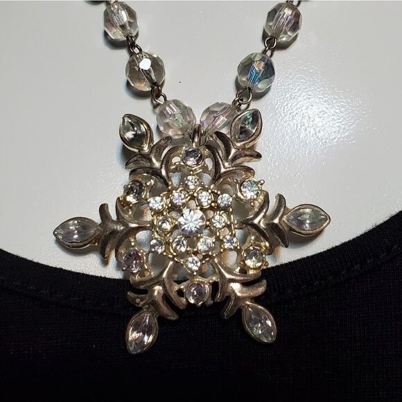 Silver Tone & Clear Bead Snowflake Necklace - Picture 3 of 5